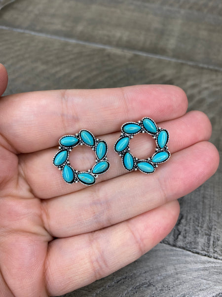 Turquoise floral circle stud earrings #73