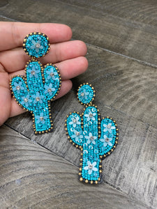 Teal seed beaded cactus earrings #49