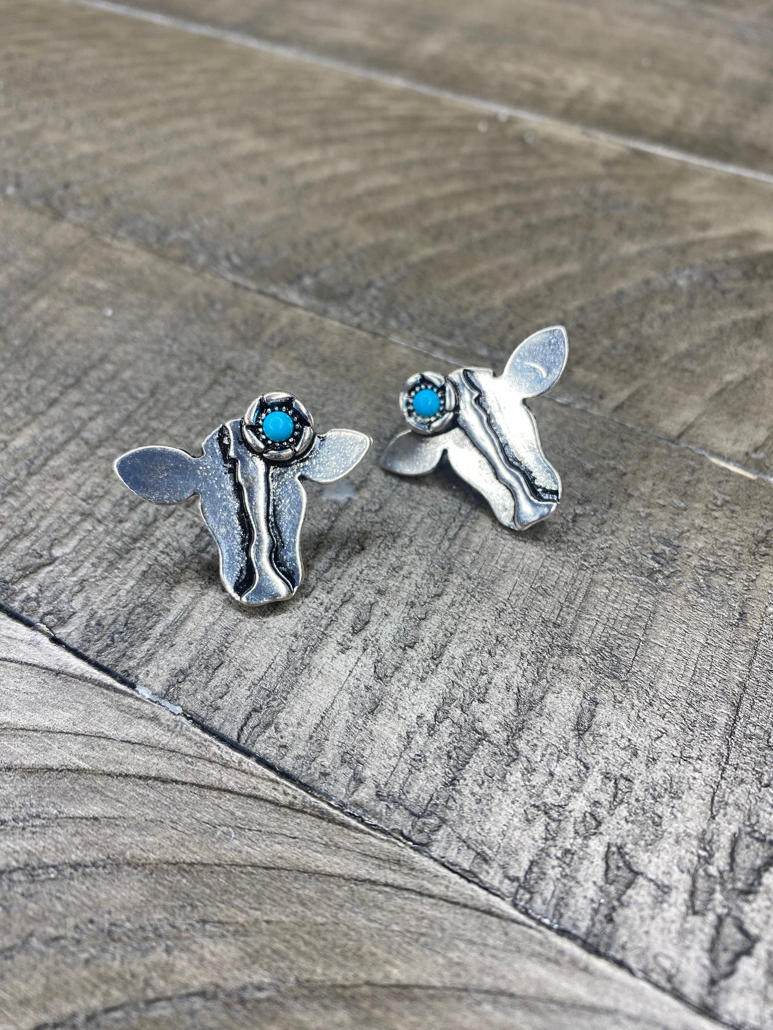 Cow stud earrings with teal flower #54