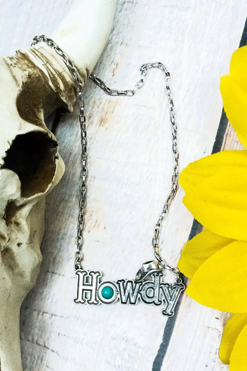 SILVERTONE WITH TURQUOISE 'HOWDY' NECKLACE #10