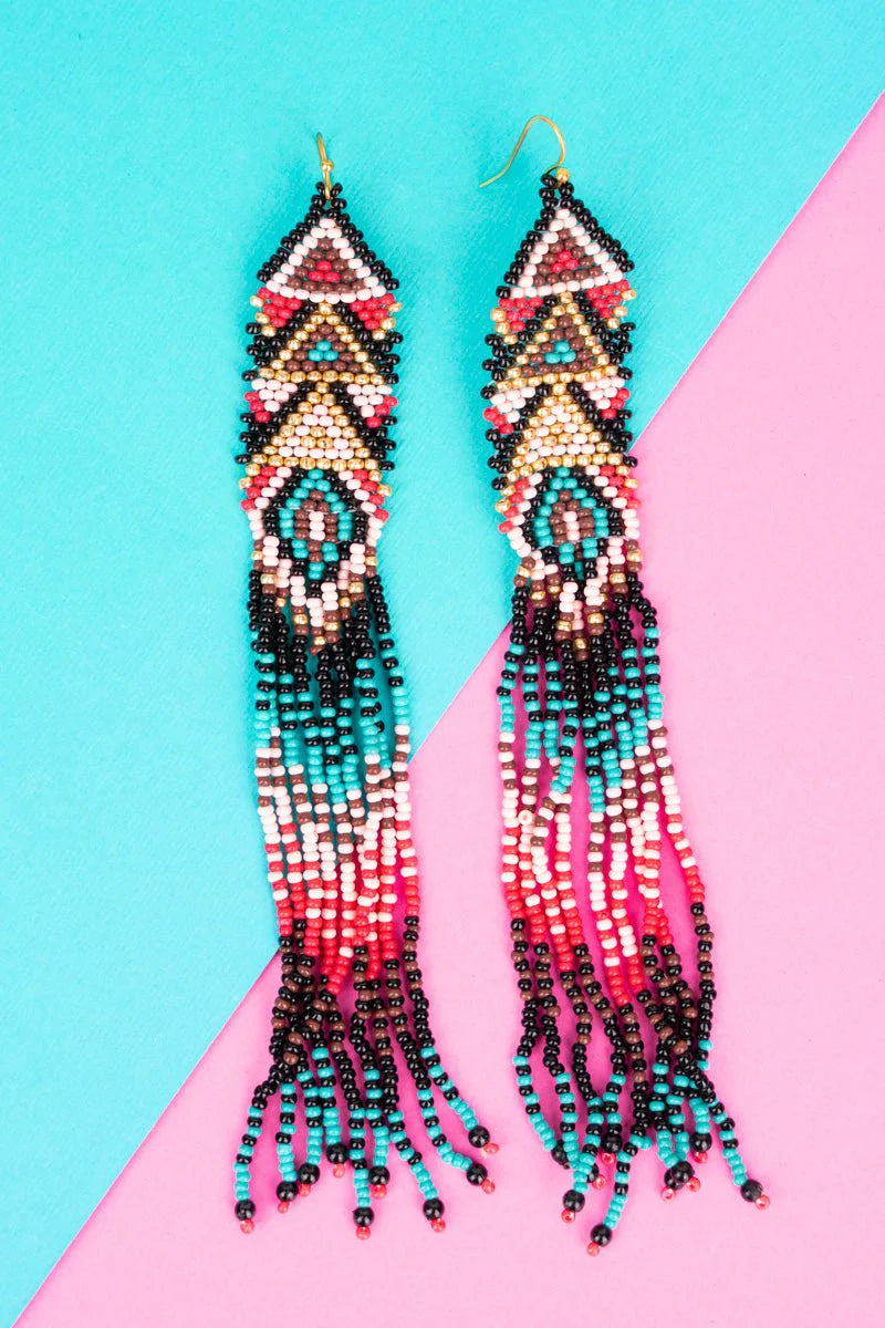 GREAT LENGTHS MULTI COLOR SEED BEAD FRINGE EARRINGS #24