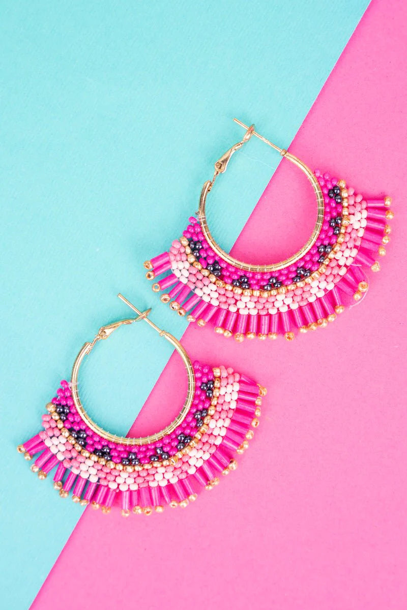 Pink fringe gold tone hoop earrings #1