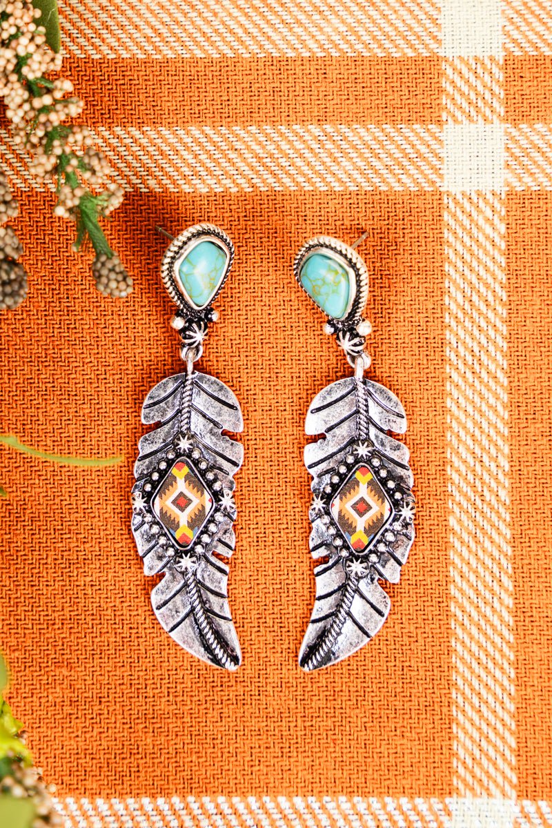 TURQUOISE COYOTE FLATS SILVERTONE FEATHER EARRINGS #12